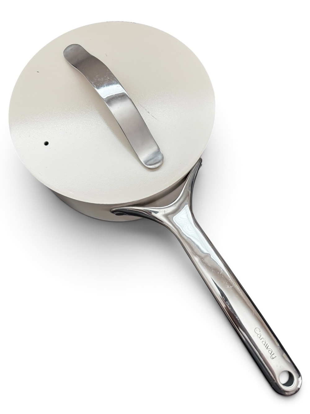 Caraway 3qt Non-Stick Ceramic Sauce Pan Lid (Cream) Cookware Kitchen, With Wear